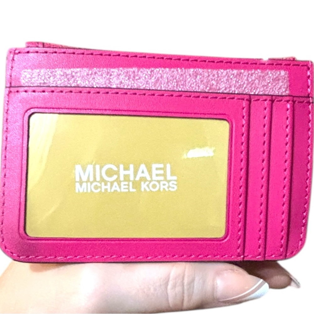 Michael Kors Jet Set Travel Quilted Card Wallet Keychain Dragonfruit Pink NWT - Picture 6 of 7